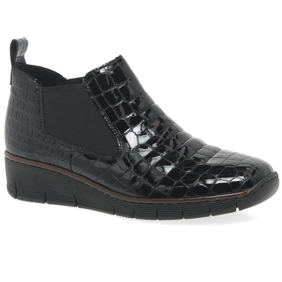 Czarne Skórzane Buty Damskie Marki Rieker Eria Na Obcasie Na Koturnie