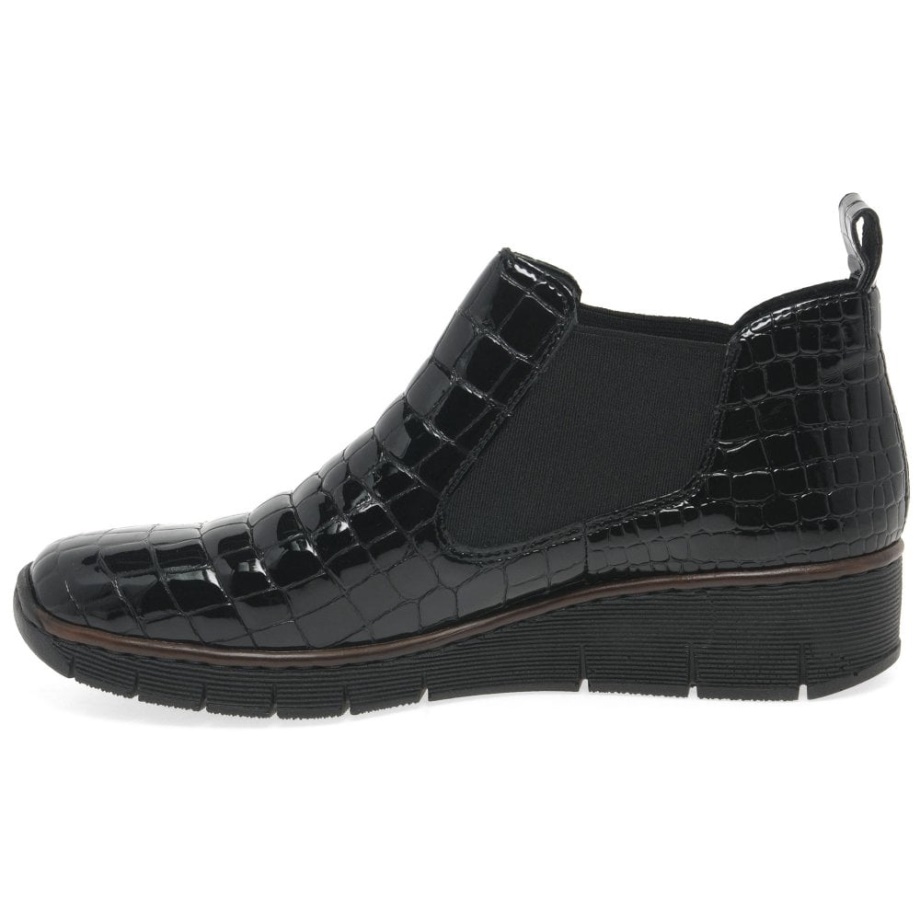 Czarne Skórzane Buty Damskie Marki Rieker Eria Na Obcasie Na Koturnie