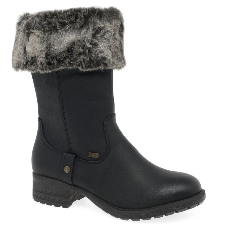 Czarne Damskie Wodoodporne Buty Rieker Newam Z Wykończeniem Ze Sztucznego Futra